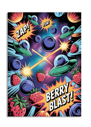 Colorful space-themed poster with fruit and alien elements, featuring the word 'Berry Blast', as a premium aluminum metal print from GoMetalPrint.
