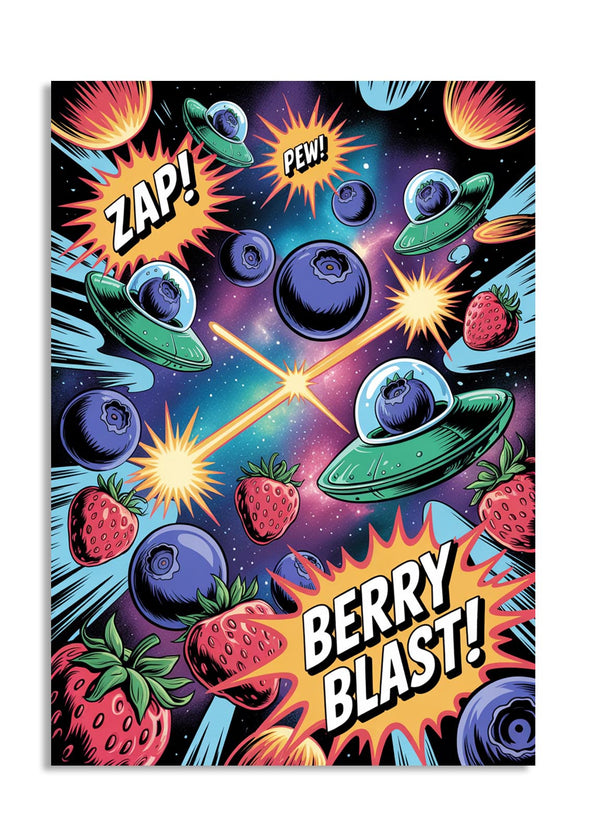 Colorful space-themed poster with fruit and alien elements, featuring the word 'Berry Blast', as a premium aluminum metal print from GoMetalPrint.
