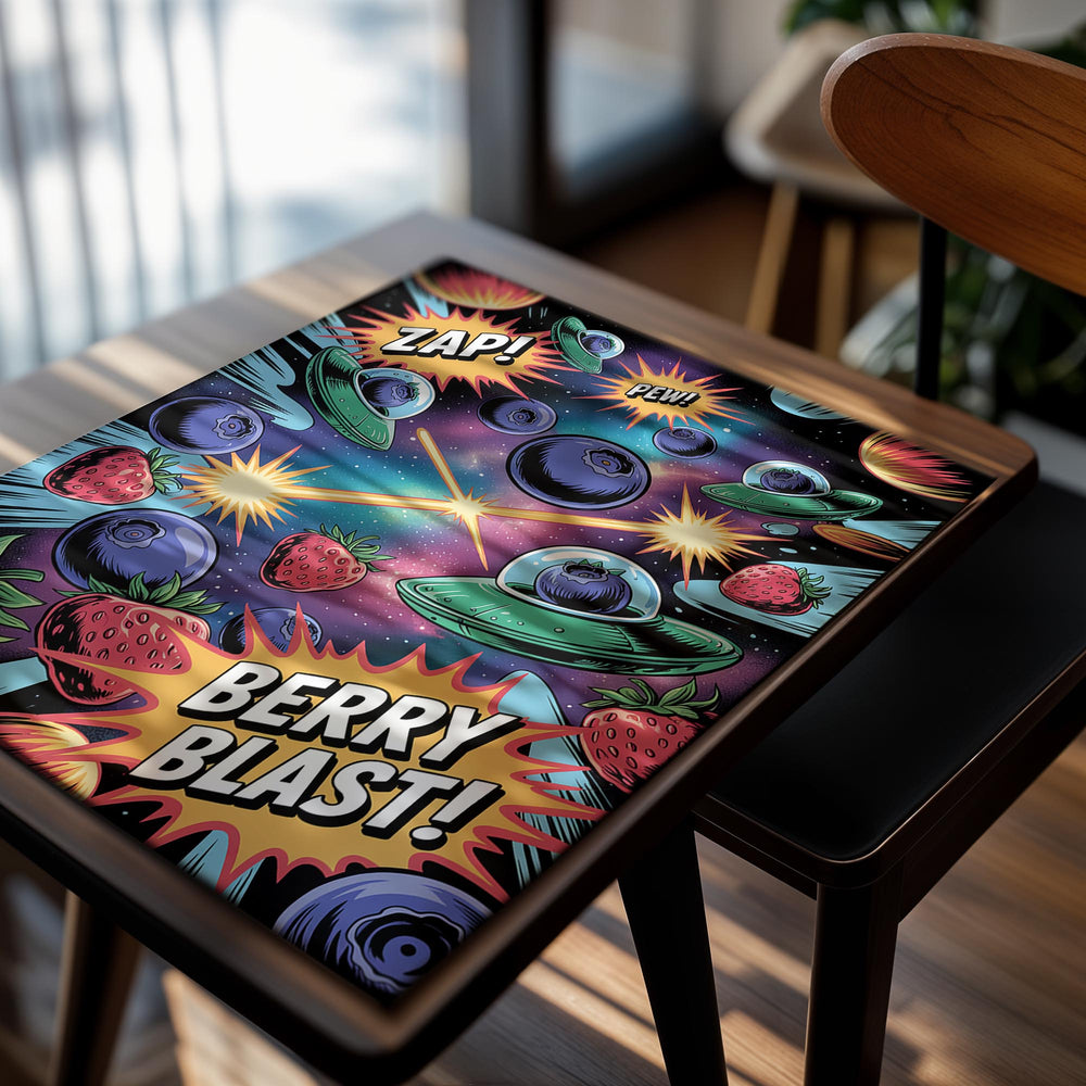 Colorful space-themed poster with fruit and alien elements, featuring the word 'Berry Blast', as a premium aluminum metal print from GoMetalPrint.
