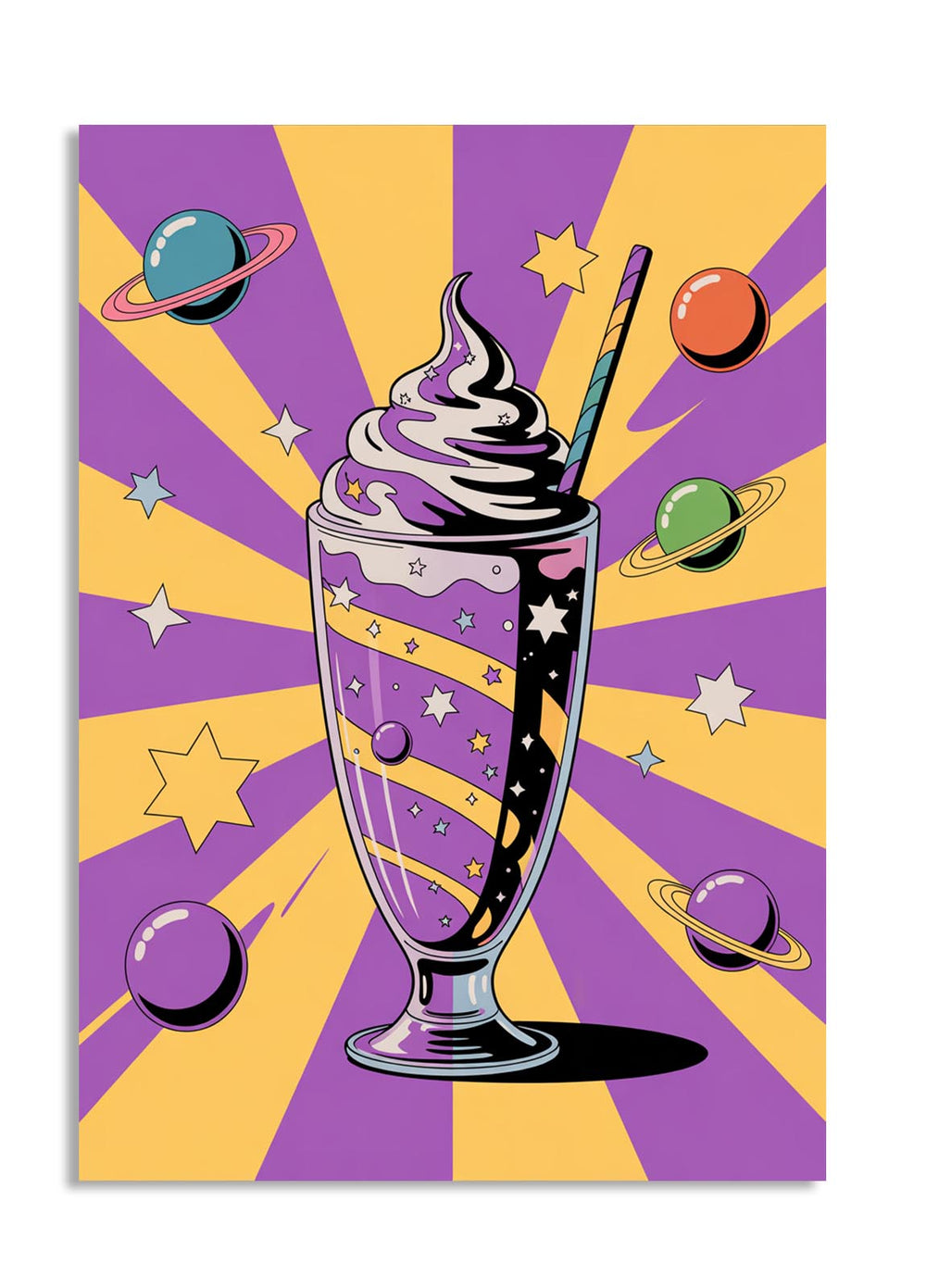 Surreal dessert with galaxy-themed elements on a purple and yellow background, as a premium aluminum metal print from GoMetalPrint.
