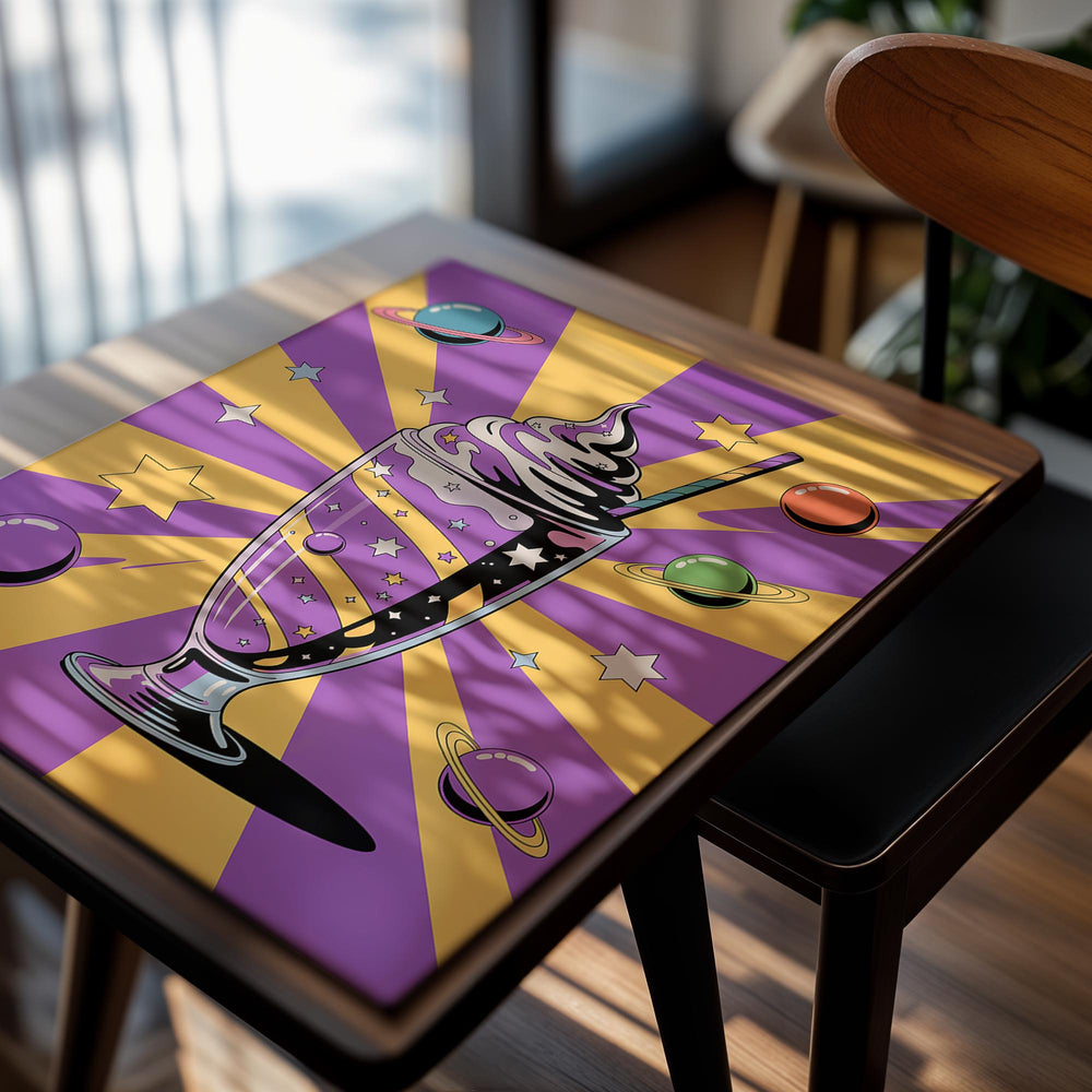 Surreal dessert with galaxy-themed elements on a purple and yellow background, as a premium aluminum metal print from GoMetalPrint.
