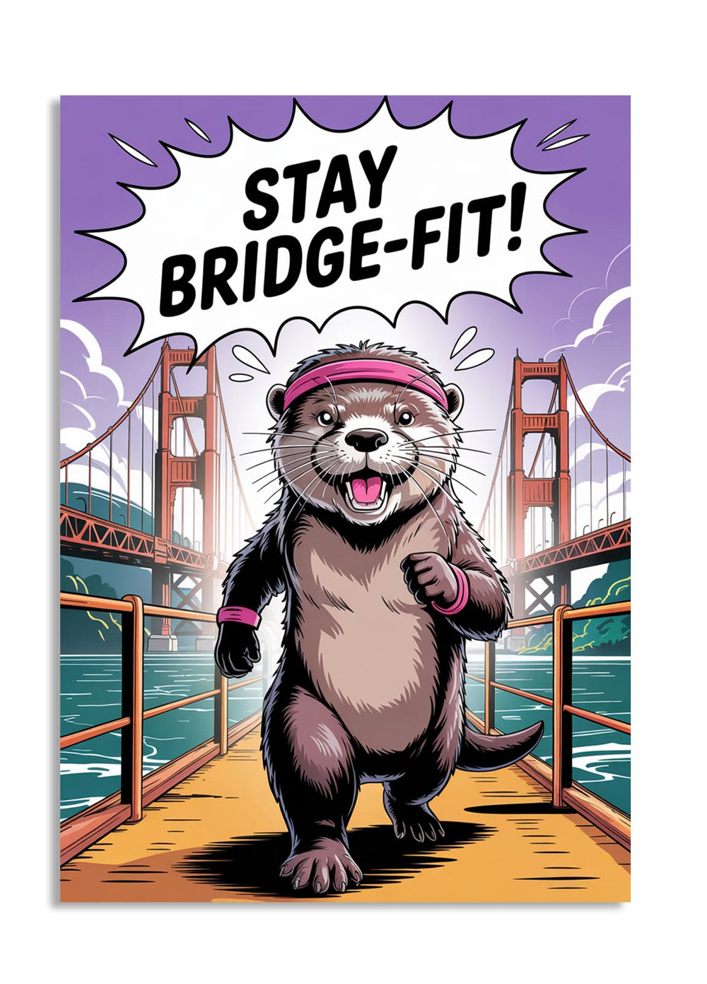 Cartoon otter wearing a headband with 'Stay Bridge-Fit!' text in front of a bridge, as a premium aluminum metal print from GoMetalPrint.
