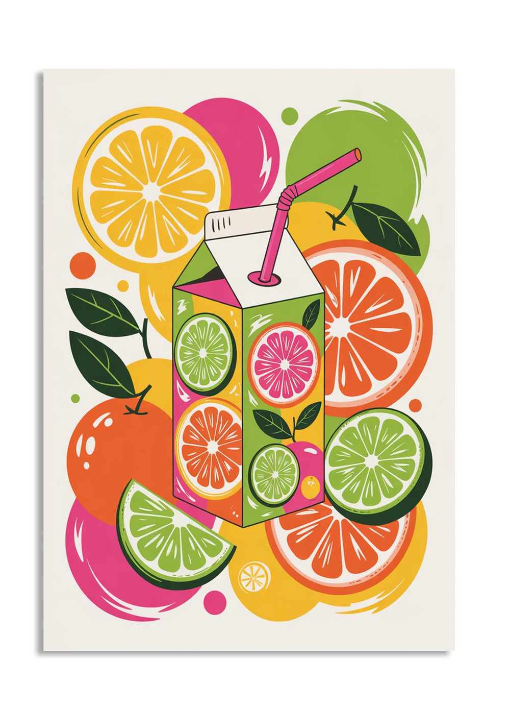 Cartoon juice box surrounded by colorful citrus fruits on a white background, as a premium aluminum metal print from GoMetalPrint.
