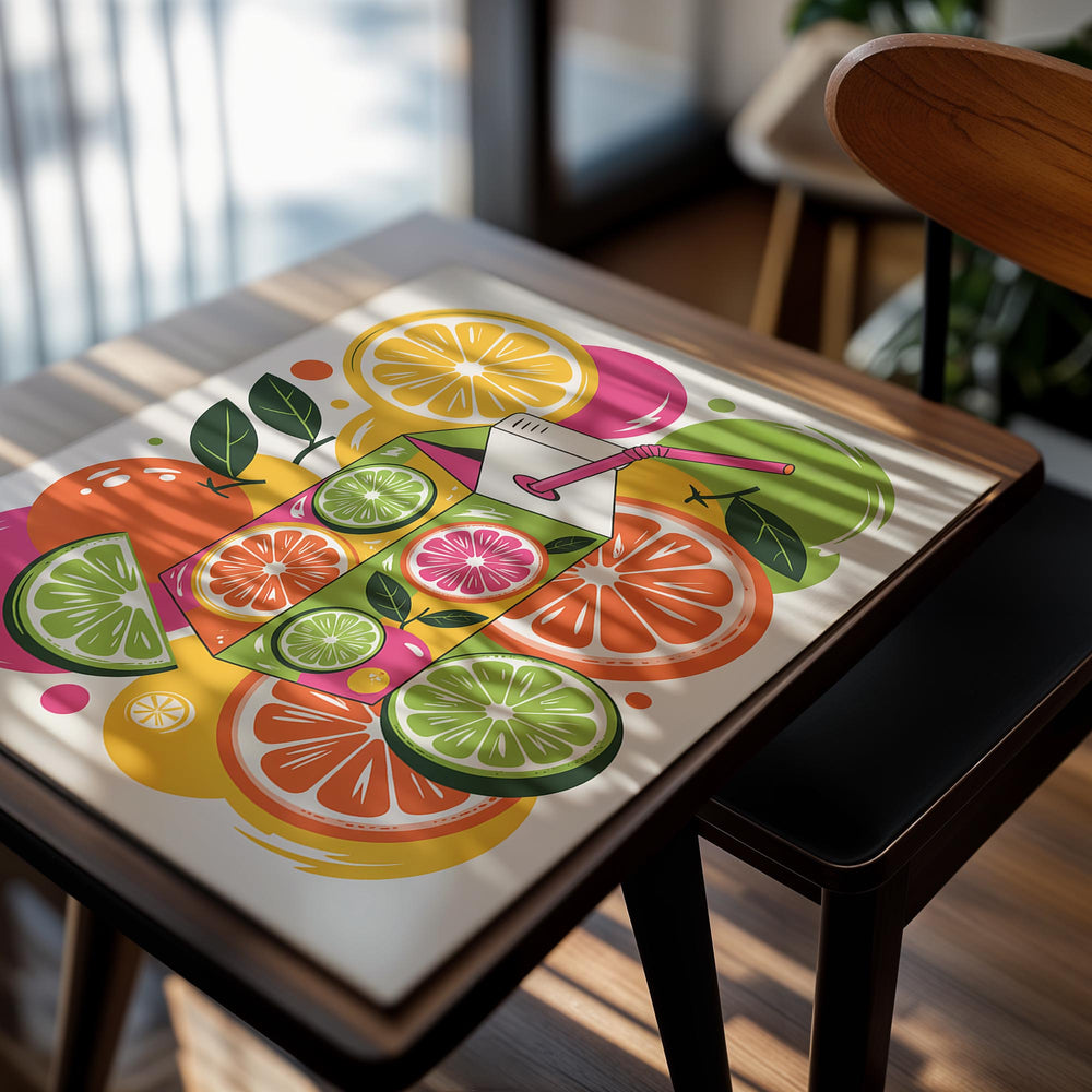 Cartoon juice box surrounded by colorful citrus fruits on a white background, as a premium aluminum metal print from GoMetalPrint.
