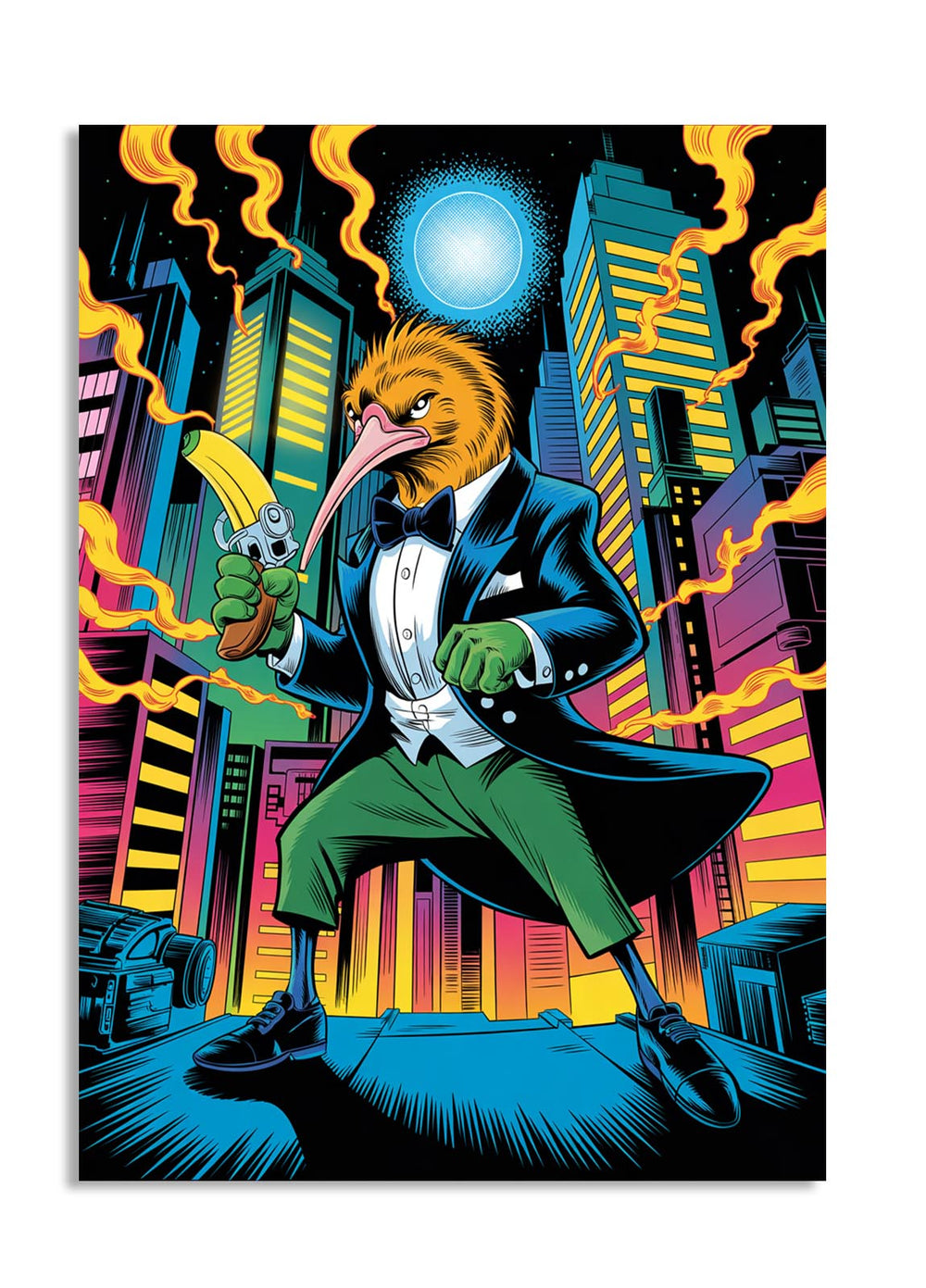 Cartoon character in a suit with a cityscape background, as a premium aluminum metal print from GoMetalPrint.
