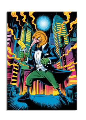 Cartoon character in a suit with a cityscape background, as a premium aluminum metal print from GoMetalPrint.
