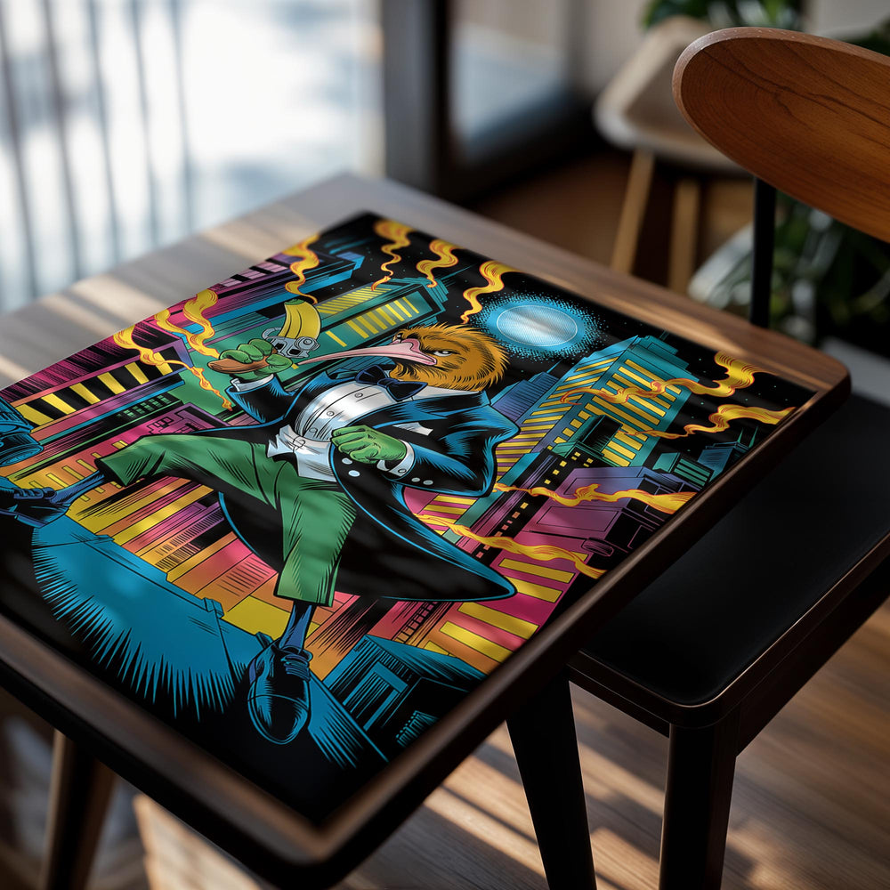 Cartoon character in a suit with a cityscape background, as a premium aluminum metal print from GoMetalPrint.
