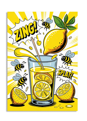 Cartoon illustration of a glass of lemon juice with lemons and bees on a yellow background, as a premium aluminum metal print from GoMetalPrint.
