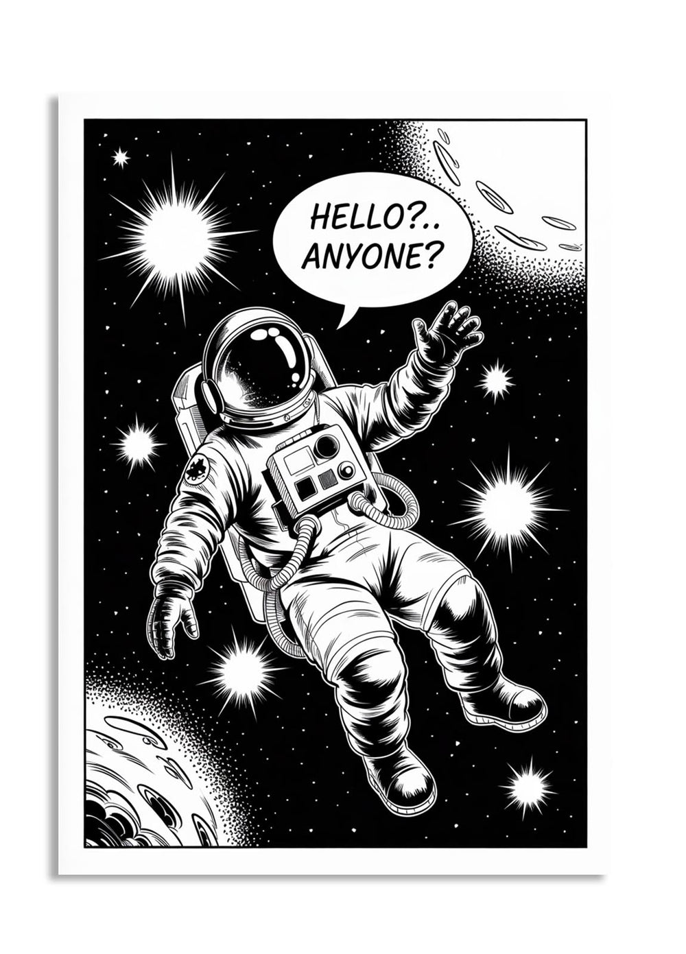 Illustration of an astronaut in space with a 'HELLO? ANYONE?' speech bubble, as a premium aluminum metal print from GoMetalPrint.
