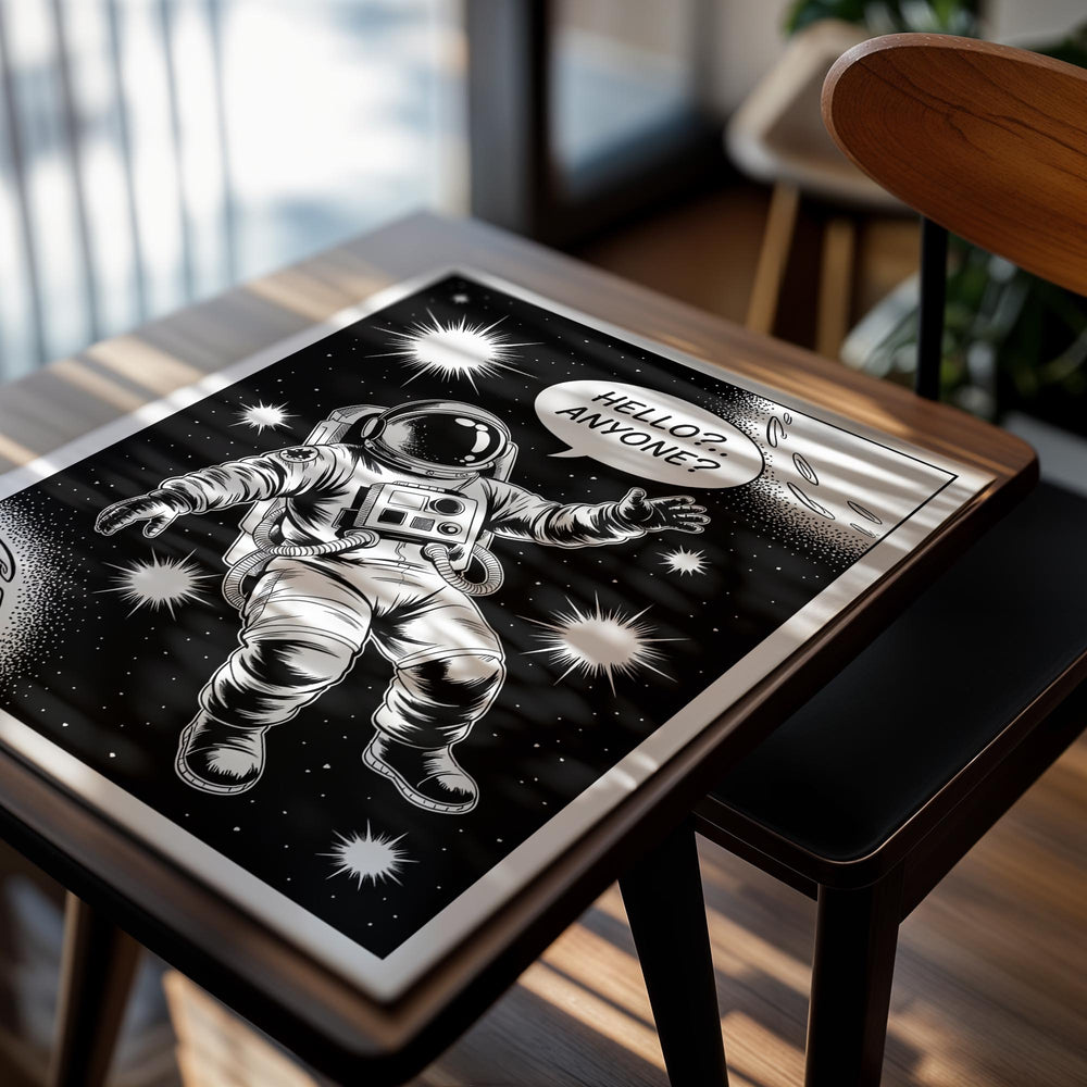 Illustration of an astronaut in space with a 'HELLO? ANYONE?' speech bubble, as a premium aluminum metal print from GoMetalPrint.
