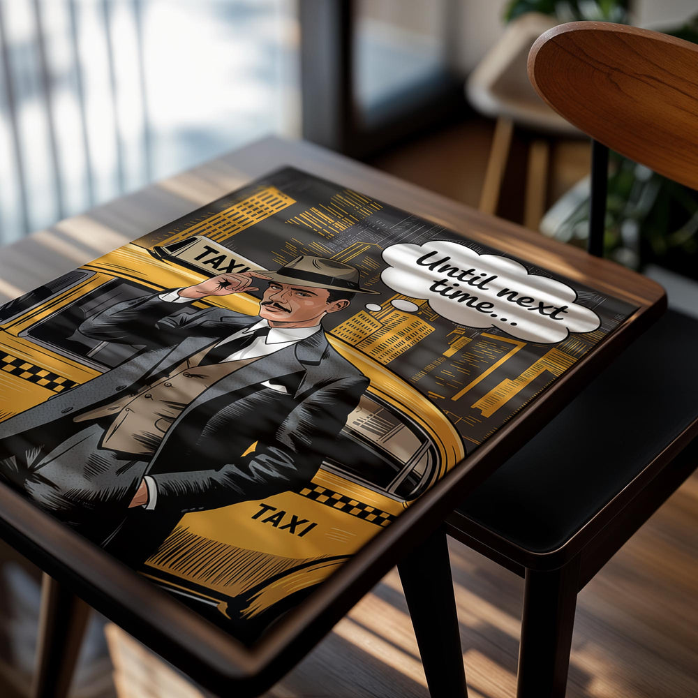 Illustration of a man in a suit standing next to a taxi with a thought bubble saying 'Until next time..., as a premium aluminum metal print from GoMetalPrint.
