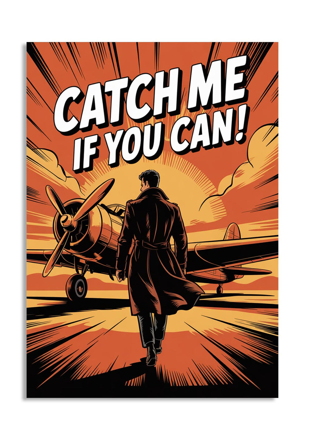 Vintage-style poster with a man walking towards an airplane and the text 'Catch Me If You Can', as a premium aluminum metal print from GoMetalPrint.
