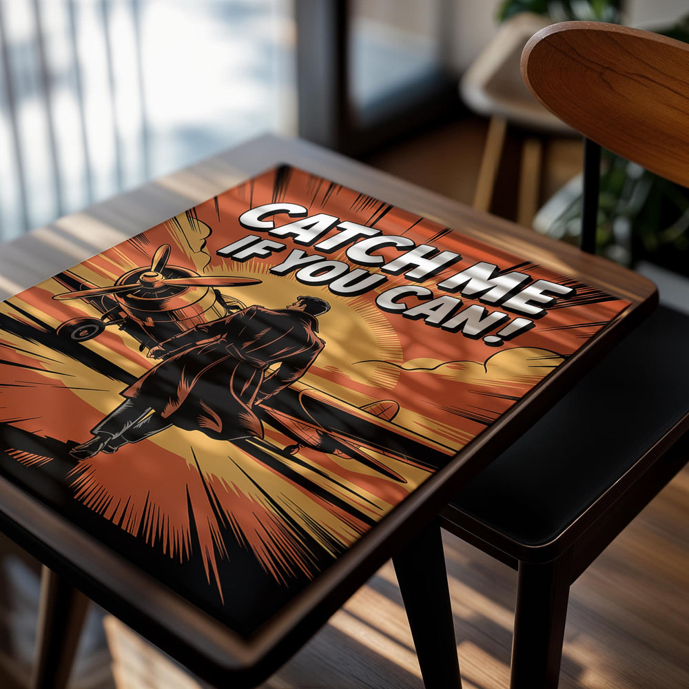 Vintage-style poster with a man walking towards an airplane and the text 'Catch Me If You Can', as a premium aluminum metal print from GoMetalPrint.

