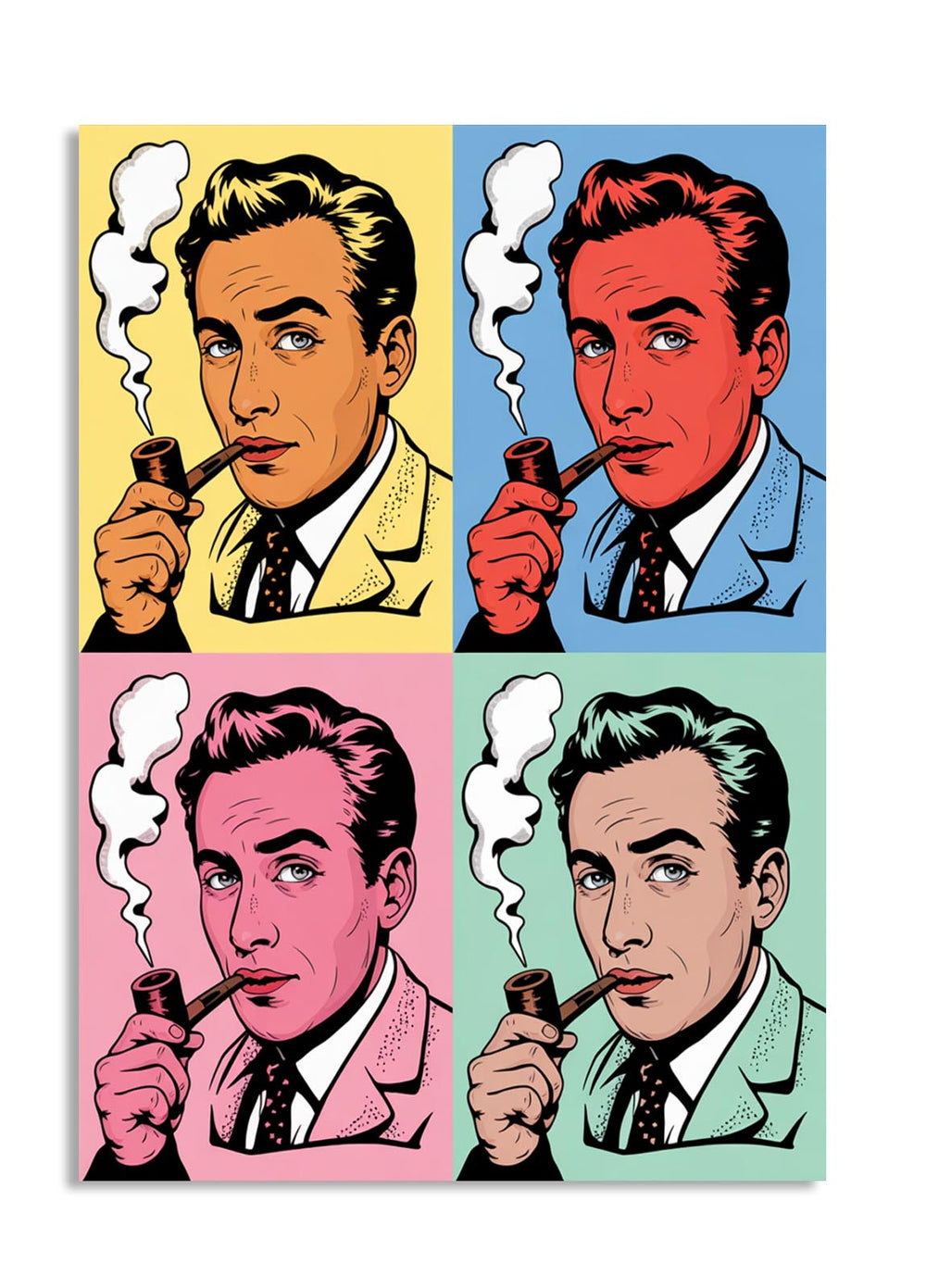 Four-panel illustration of a man smoking a pipe with different colored backgrounds, as a premium aluminum metal print from GoMetalPrint.
