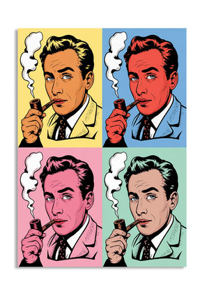 Four-panel illustration of a man smoking a pipe with different colored backgrounds, as a premium aluminum metal print from GoMetalPrint.

