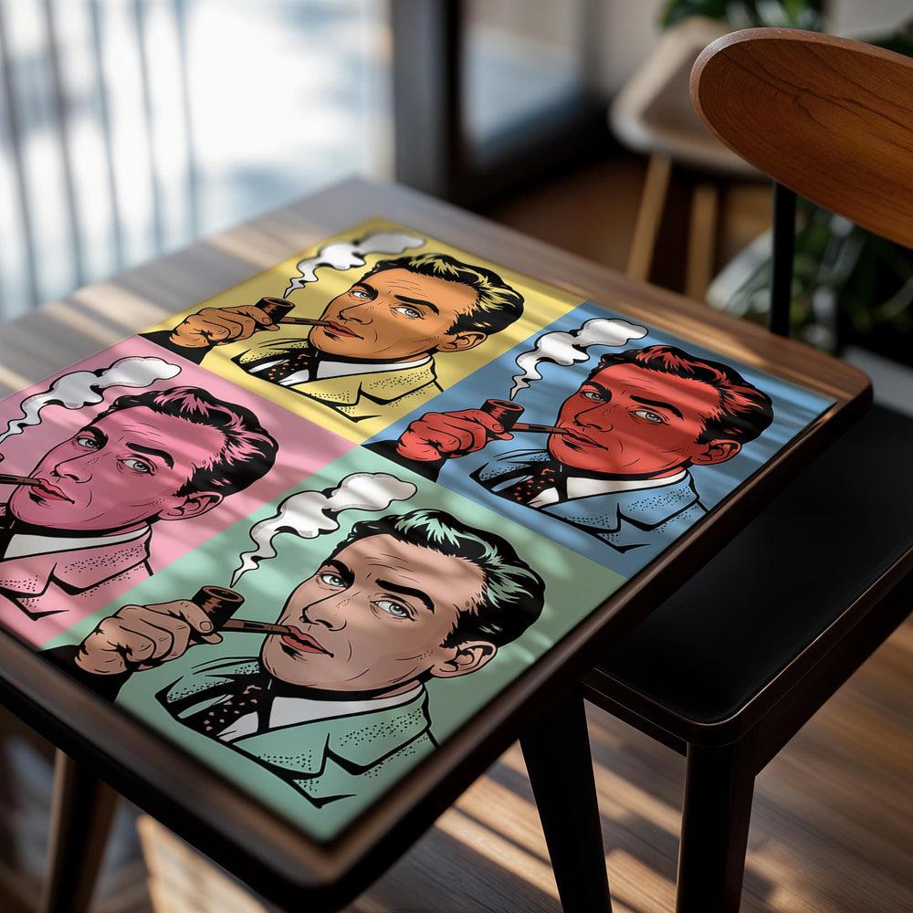 Four-panel illustration of a man smoking a pipe with different colored backgrounds, as a premium aluminum metal print from GoMetalPrint.
