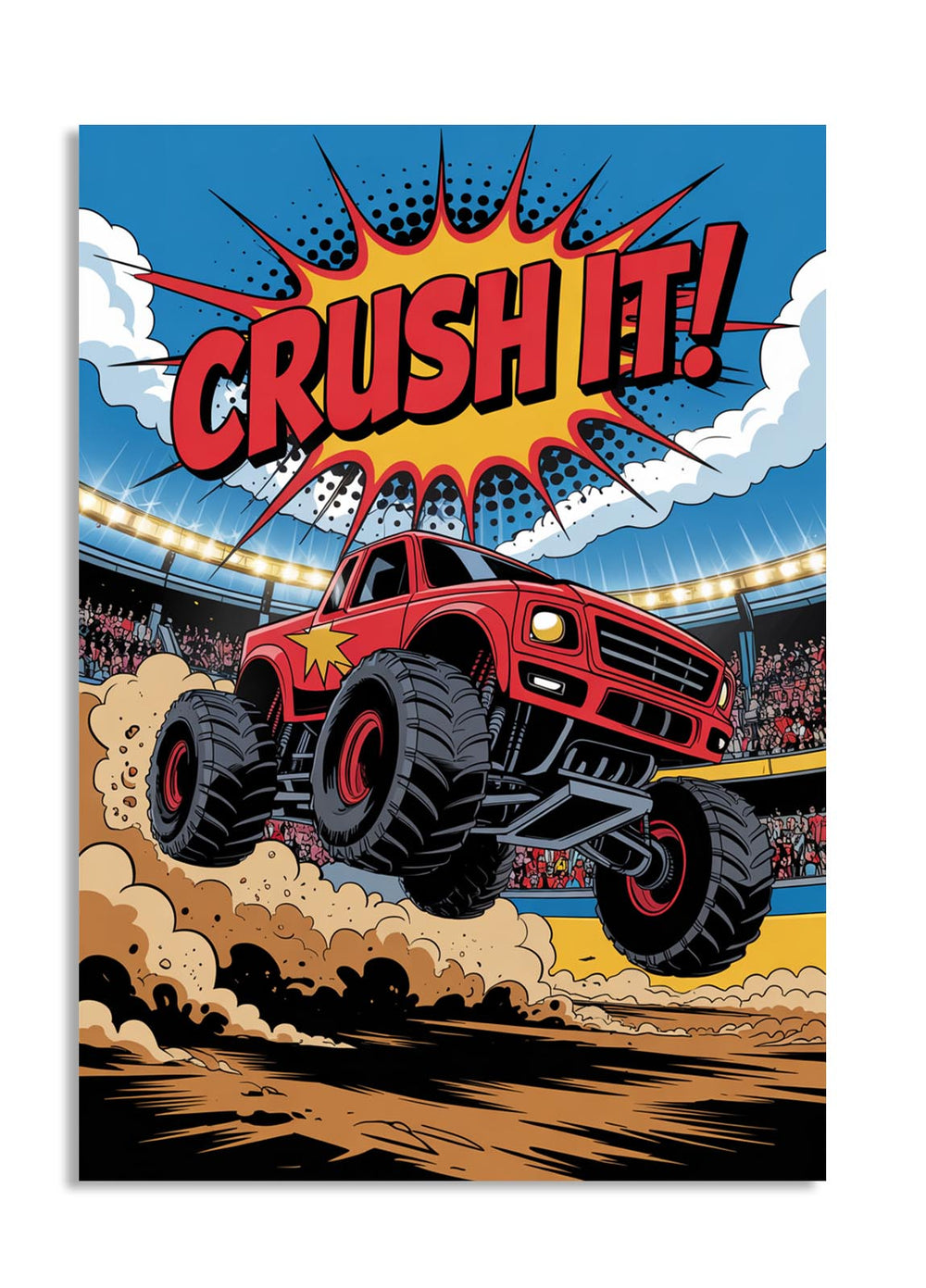 Comic-style illustration of a red monster truck with 'CRUSH IT!' text in a stadium , as a premium aluminum metal print from GoMetalPrint.
