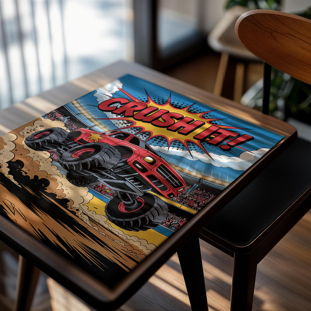 Comic-style illustration of a red monster truck with 'CRUSH IT!' text in a stadium , as a premium aluminum metal print from GoMetalPrint.
