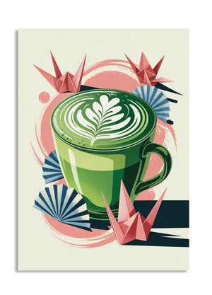 Illustration of a green coffee cup with latte art, surrounded by origami cranes and fans on a light background, as a premium aluminum metal print from GoMetalPrint.
