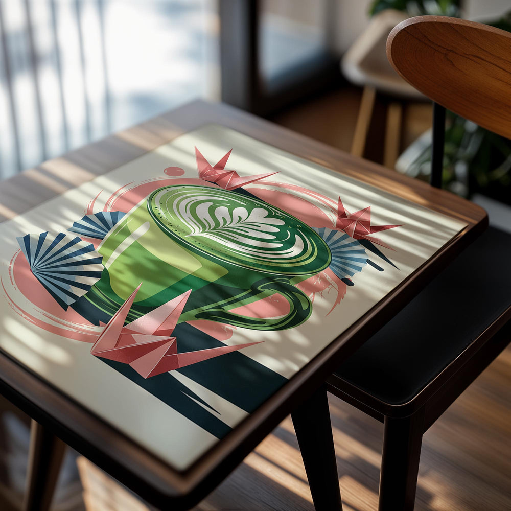 Illustration of a green coffee cup with latte art, surrounded by origami cranes and fans on a light background, as a premium aluminum metal print from GoMetalPrint.
