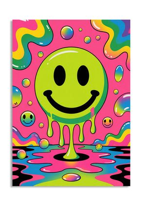 Colorful abstract design with a smiley face in the center on a pink background, as a premium aluminum metal print from GoMetalPrint.
