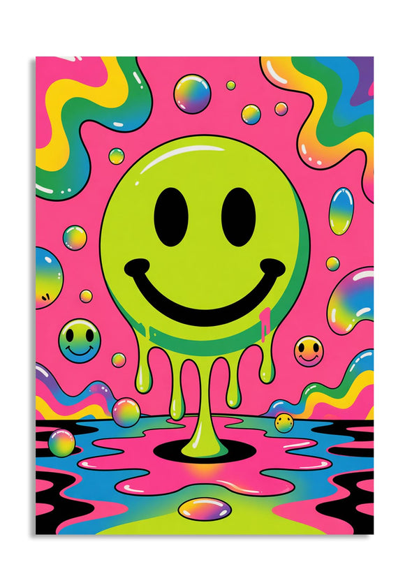 Colorful abstract design with a smiley face in the center on a pink background, as a premium aluminum metal print from GoMetalPrint.
