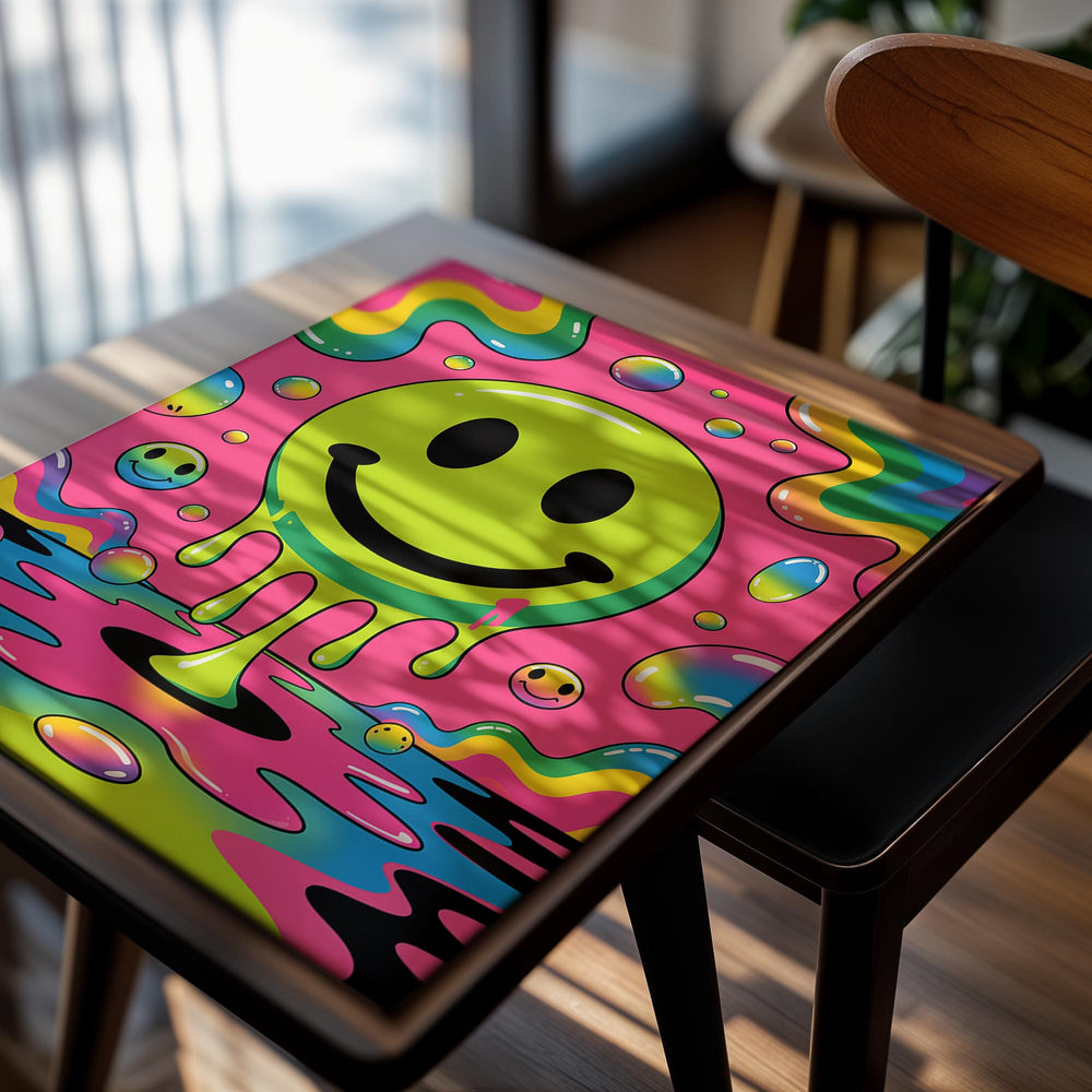 Colorful abstract design with a smiley face in the center on a pink background, as a premium aluminum metal print from GoMetalPrint.
