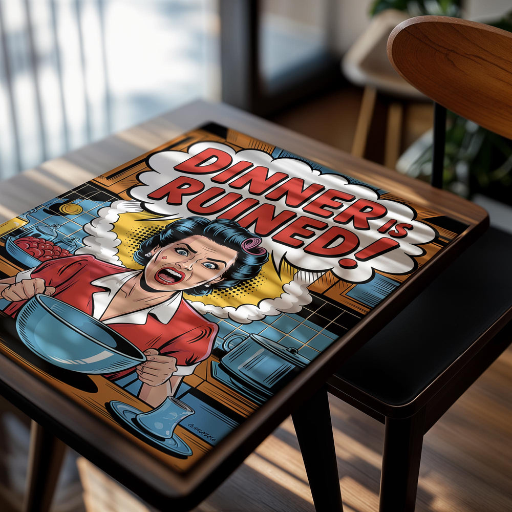 Comic-style illustration of a woman with a bowl and text 'Dinner is Ruined!' in a kitchen setting, as a premium aluminum metal print from GoMetalPrint.
