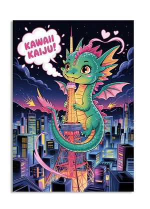 Cartoon dragon with colorful hair standing on a tower in a cityscape with 'Kawaii Kaiju!' text, as a premium aluminum metal print from GoMetalPrint.
