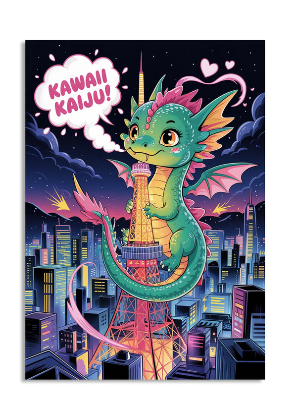 Cartoon dragon with colorful hair standing on a tower in a cityscape with 'Kawaii Kaiju!' text, as a premium aluminum metal print from GoMetalPrint.
