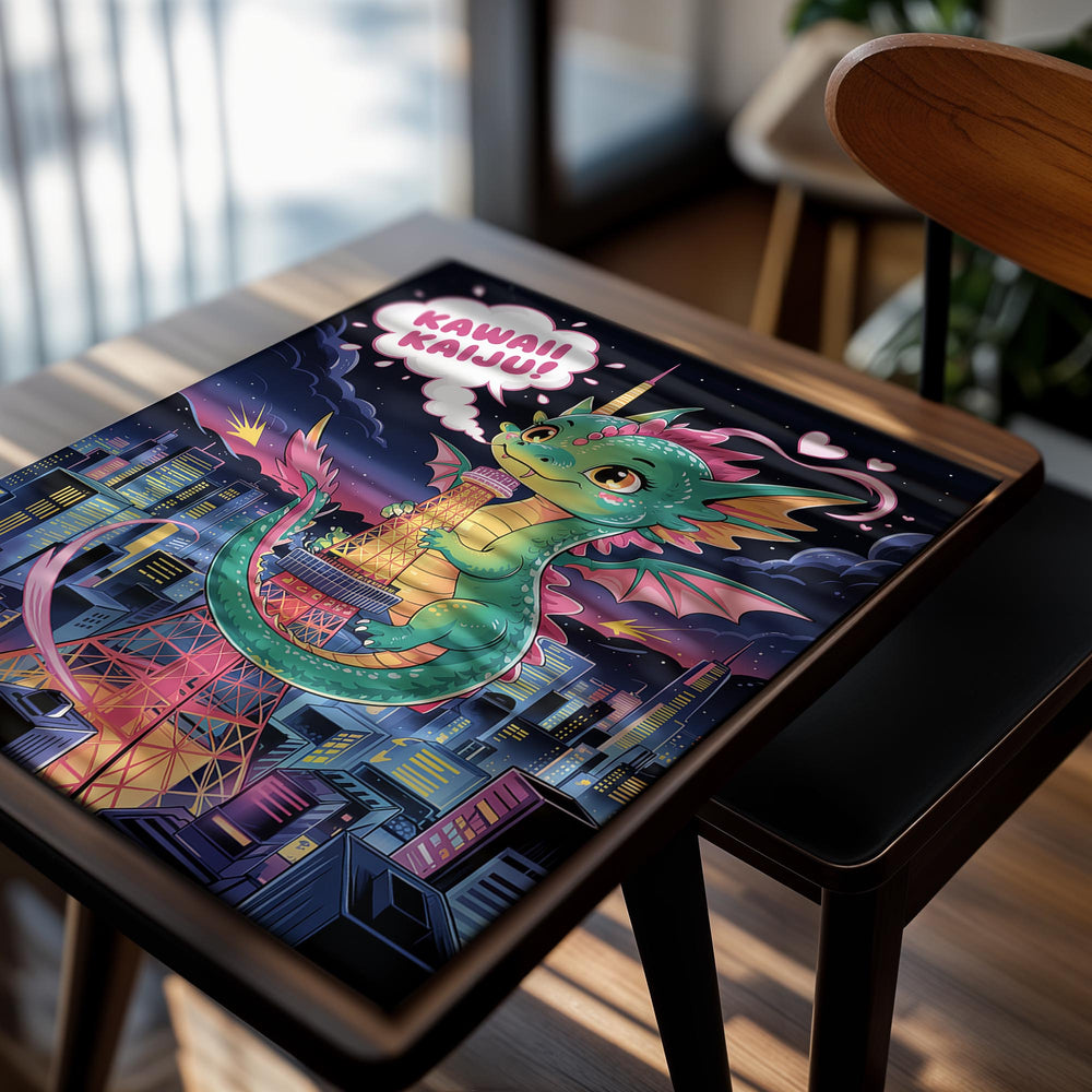 Cartoon dragon with colorful hair standing on a tower in a cityscape with 'Kawaii Kaiju!' text, as a premium aluminum metal print from GoMetalPrint.
