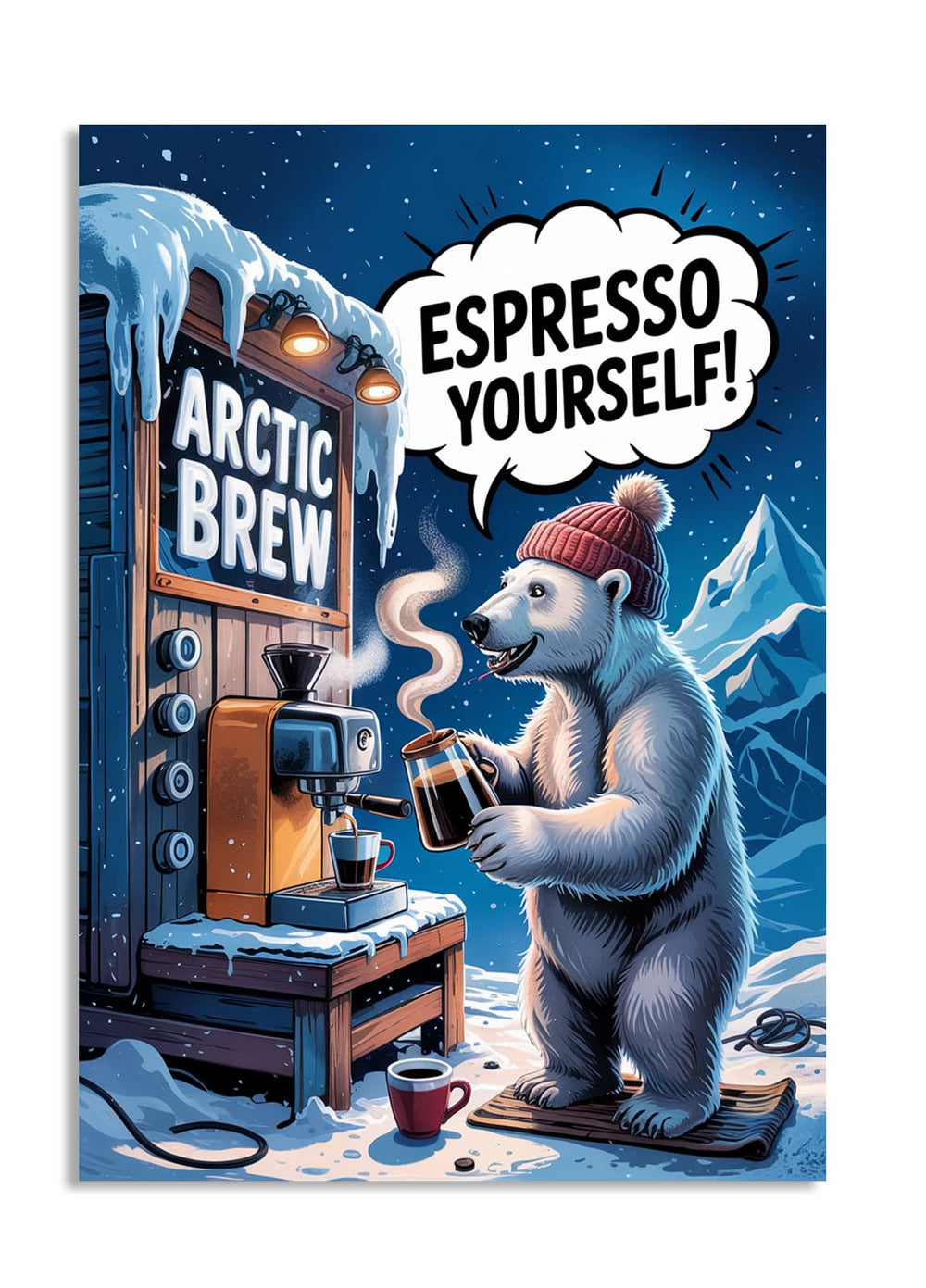 Illustration of a polar bear at an Arctic coffee shop with 'Espresso Yourself!' text , as a premium aluminum metal print from GoMetalPrint.
