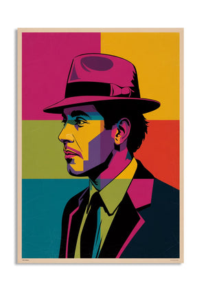 Colorful poster of a man wearing a hat with a geometric background, as a premium aluminum metal print from GoMetalPrint.
