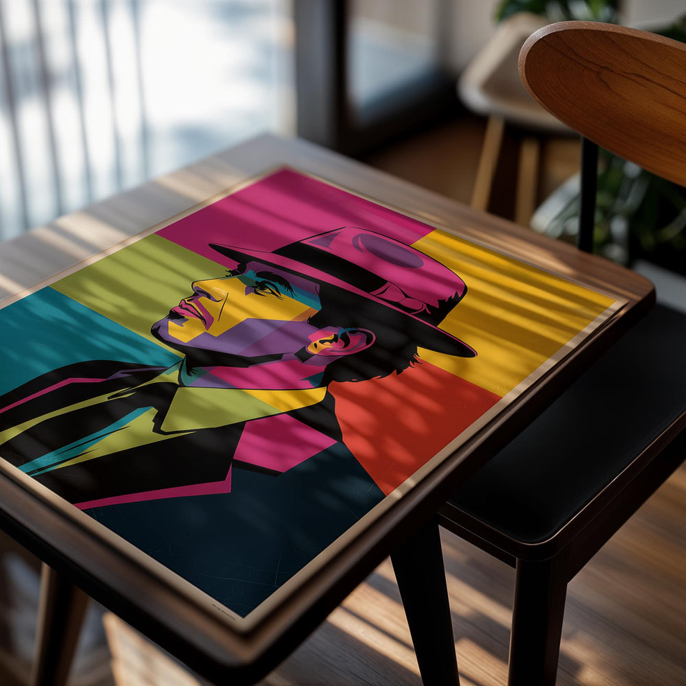 Colorful poster of a man wearing a hat with a geometric background, as a premium aluminum metal print from GoMetalPrint.
