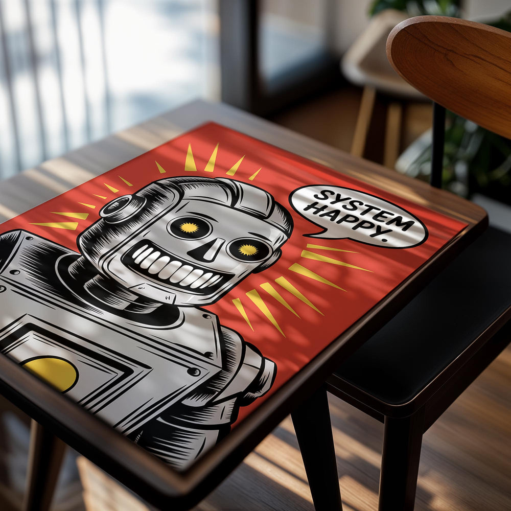Vintage-style robot with a speech bubble saying 'System Happy' on a red background, as a premium aluminum metal print from GoMetalPrint.
