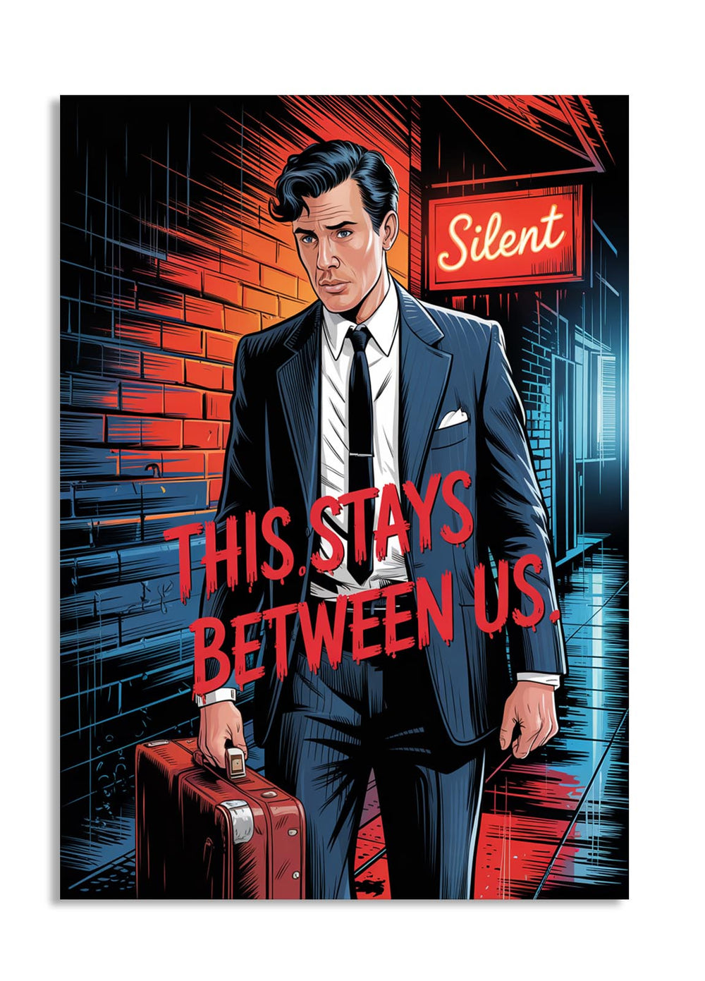 Man in a suit with a suitcase against a brick wall with 'Silent' sign and text 'This stays between us', as a premium aluminum metal print from GoMetalPrint.
