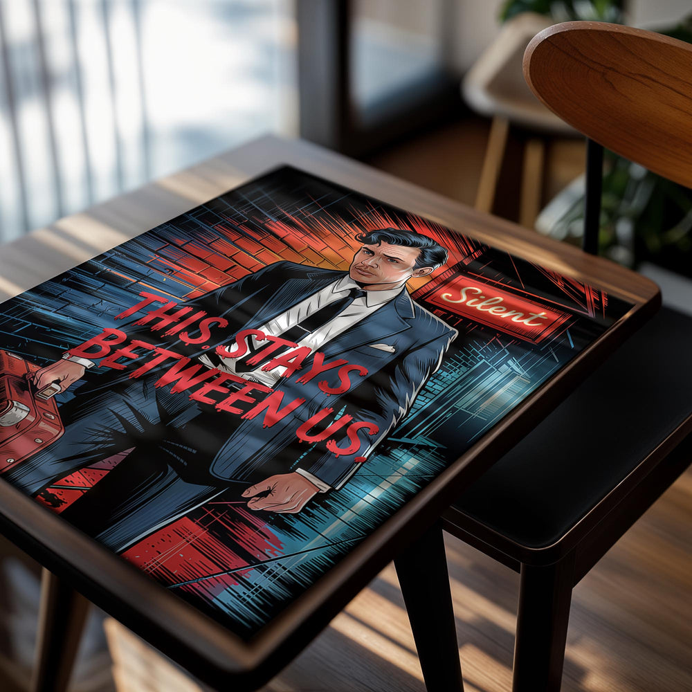 Man in a suit with a suitcase against a brick wall with 'Silent' sign and text 'This stays between us', as a premium aluminum metal print from GoMetalPrint.
