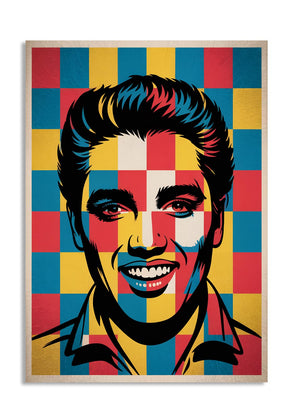 Colorful checkered poster with a stylized portrait of a smiling person, as a premium aluminum metal print from GoMetalPrint.
