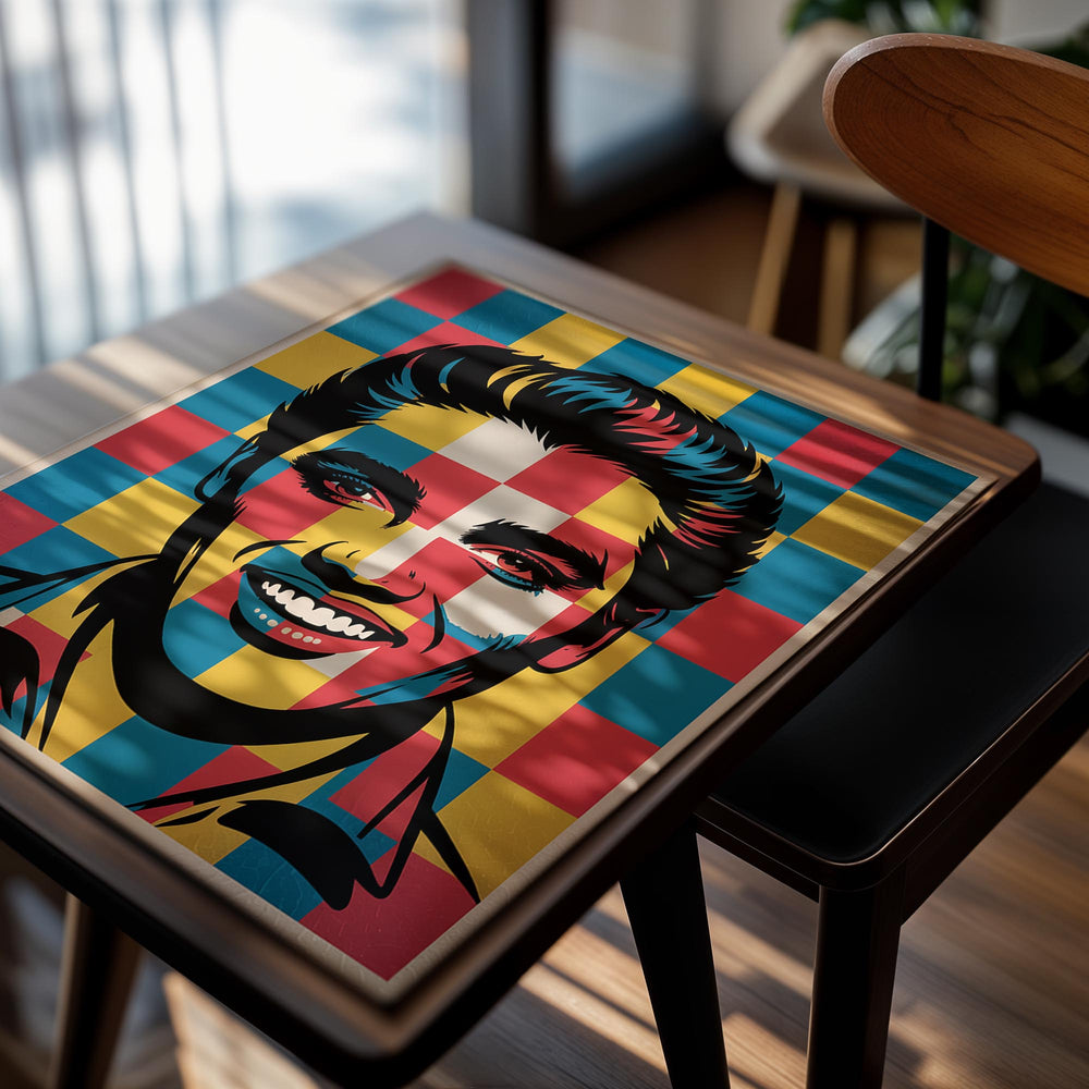 Colorful checkered poster with a stylized portrait of a smiling person, as a premium aluminum metal print from GoMetalPrint.
