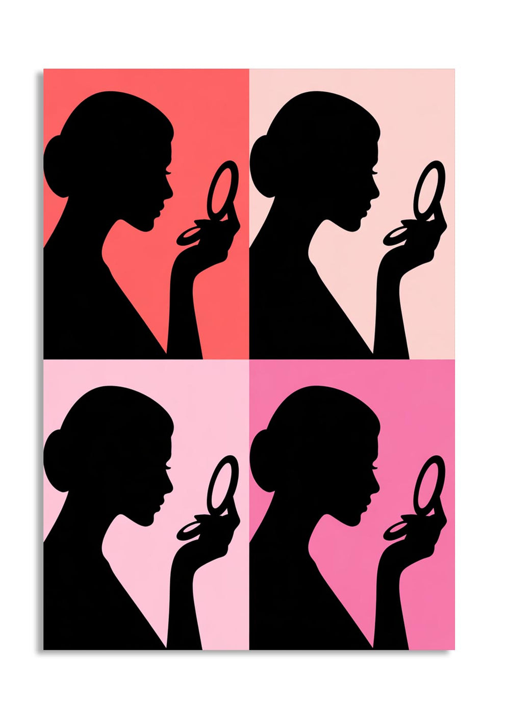Silhouette of a woman holding a mirror against a pink and red background, as a premium aluminum metal print from GoMetalPrint.
