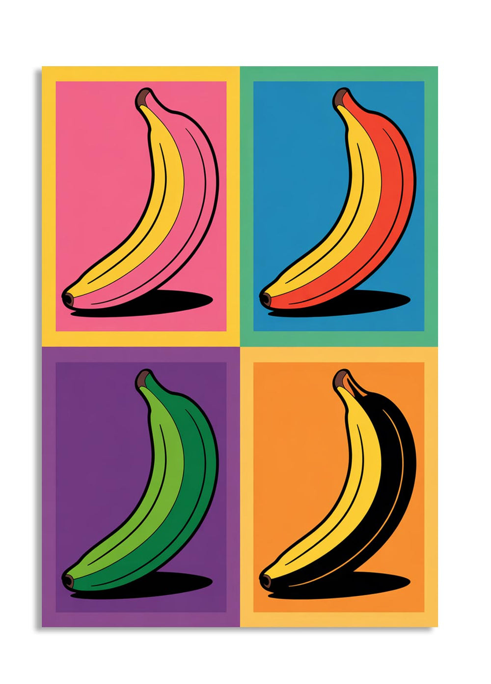 Four bananas in different colors on a colorful background, as a premium aluminum metal print from GoMetalPrint.
