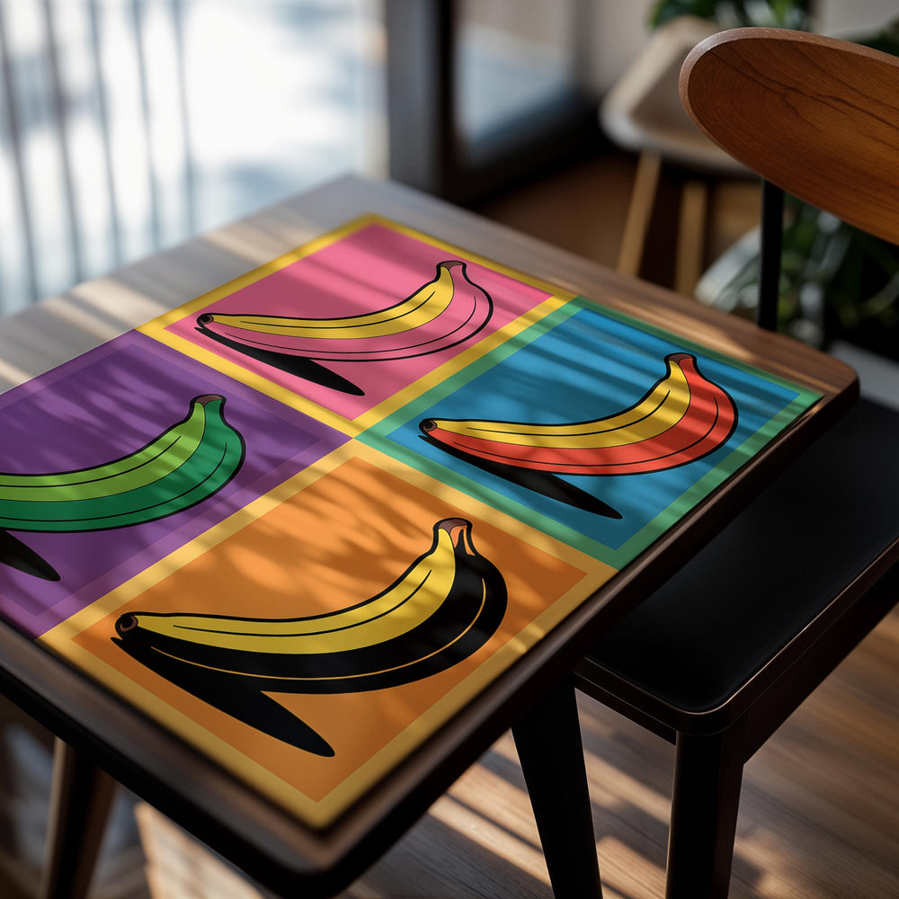 Four bananas in different colors on a colorful background, as a premium aluminum metal print from GoMetalPrint.
