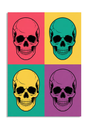 Four colorful skulls on a white background, as a premium aluminum metal print from GoMetalPrint.
