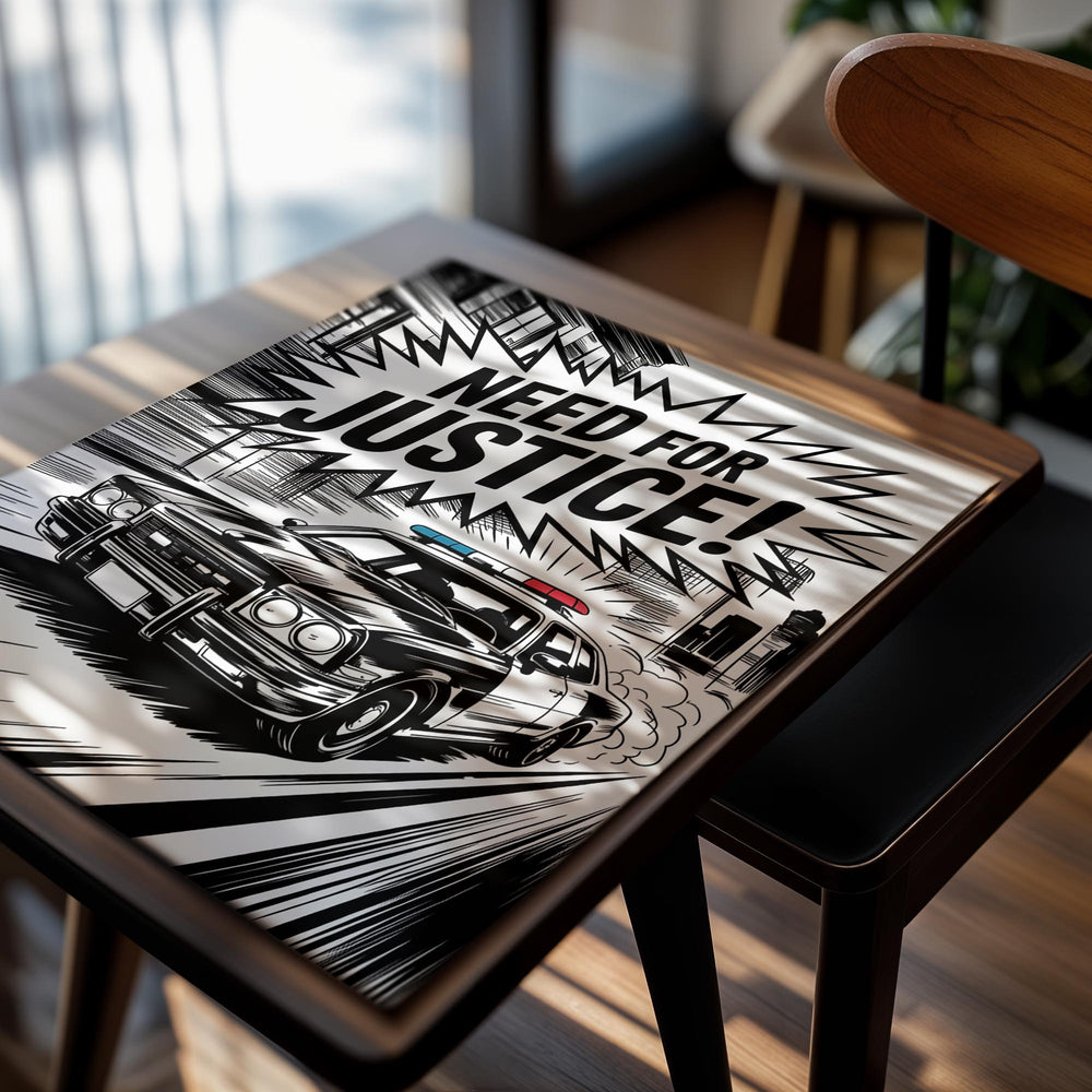 Black and white illustration of a police car with 'Need for Justice!' text on a white background, as a premium aluminum metal print from GoMetalPrint.
