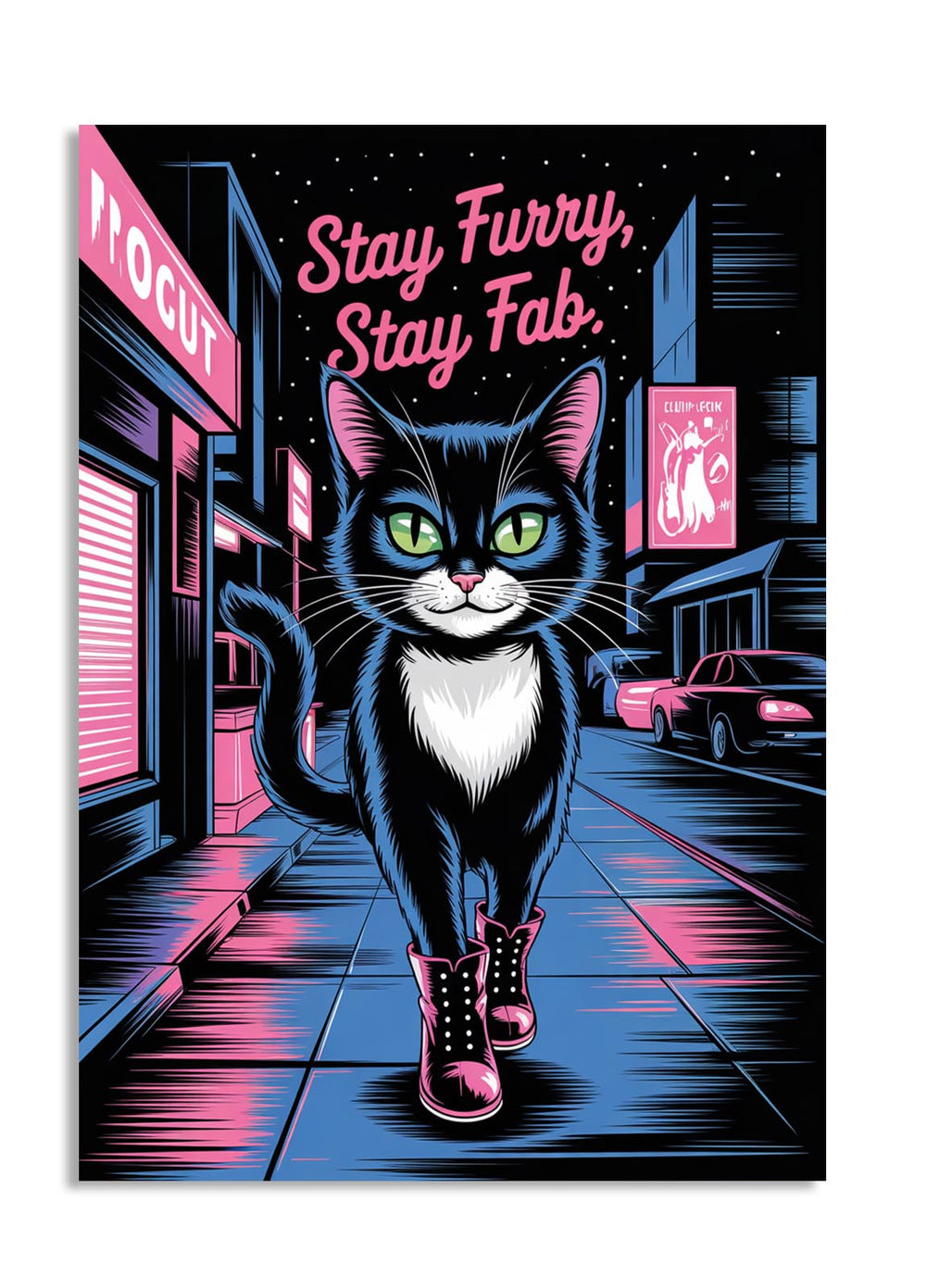Cat in a city street with neon signs and the text 'Stay Furry, Stay Fab.', as a premium aluminum metal print from GoMetalPrint.
