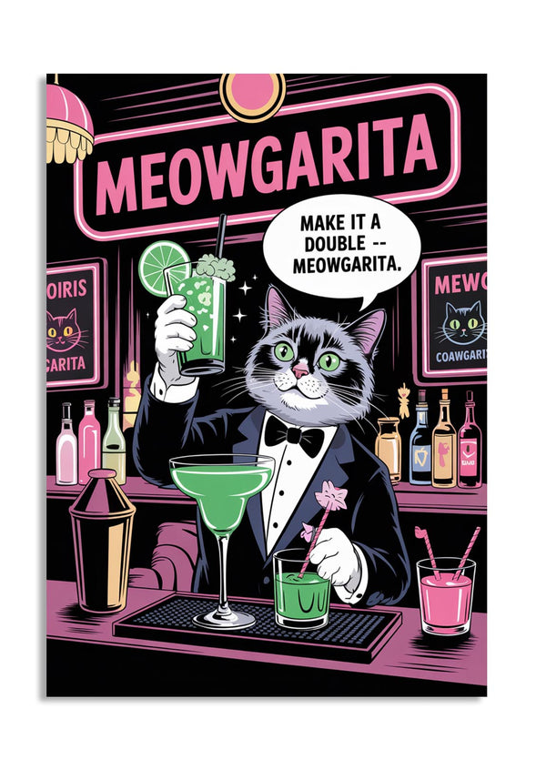 Cat in a tuxedo holding a green cocktail with bar-themed background and 'MEOWGARITA' text,, as a premium aluminum metal print from GoMetalPrint.
