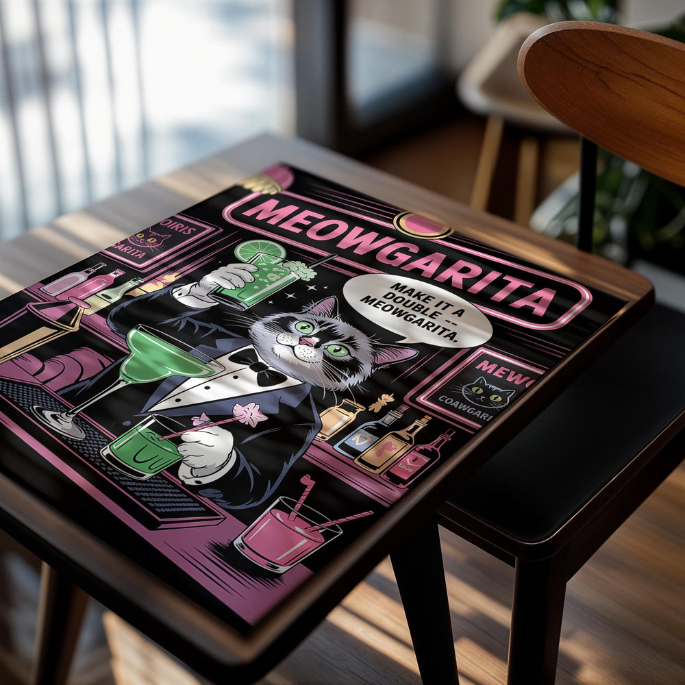 Cat in a tuxedo holding a green cocktail with bar-themed background and 'MEOWGARITA' text,, as a premium aluminum metal print from GoMetalPrint.

