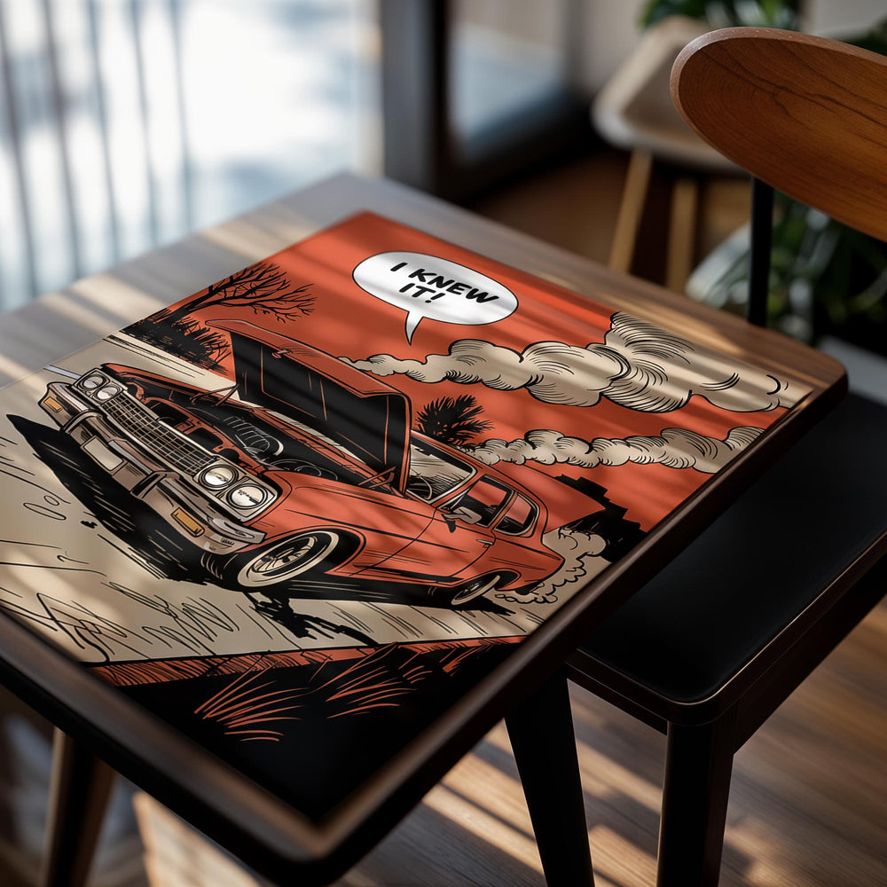 Comic-style illustration of a car with an open hood and smoke, featuring a speech bubble with 'I KNEW IT!' on a red background, as a premium aluminum metal print from GoMetalPrint.
