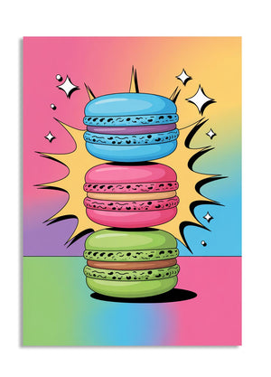 Colorful illustration of stacked macarons on a rainbow gradient background, as a premium aluminum metal print from GoMetalPrint.
