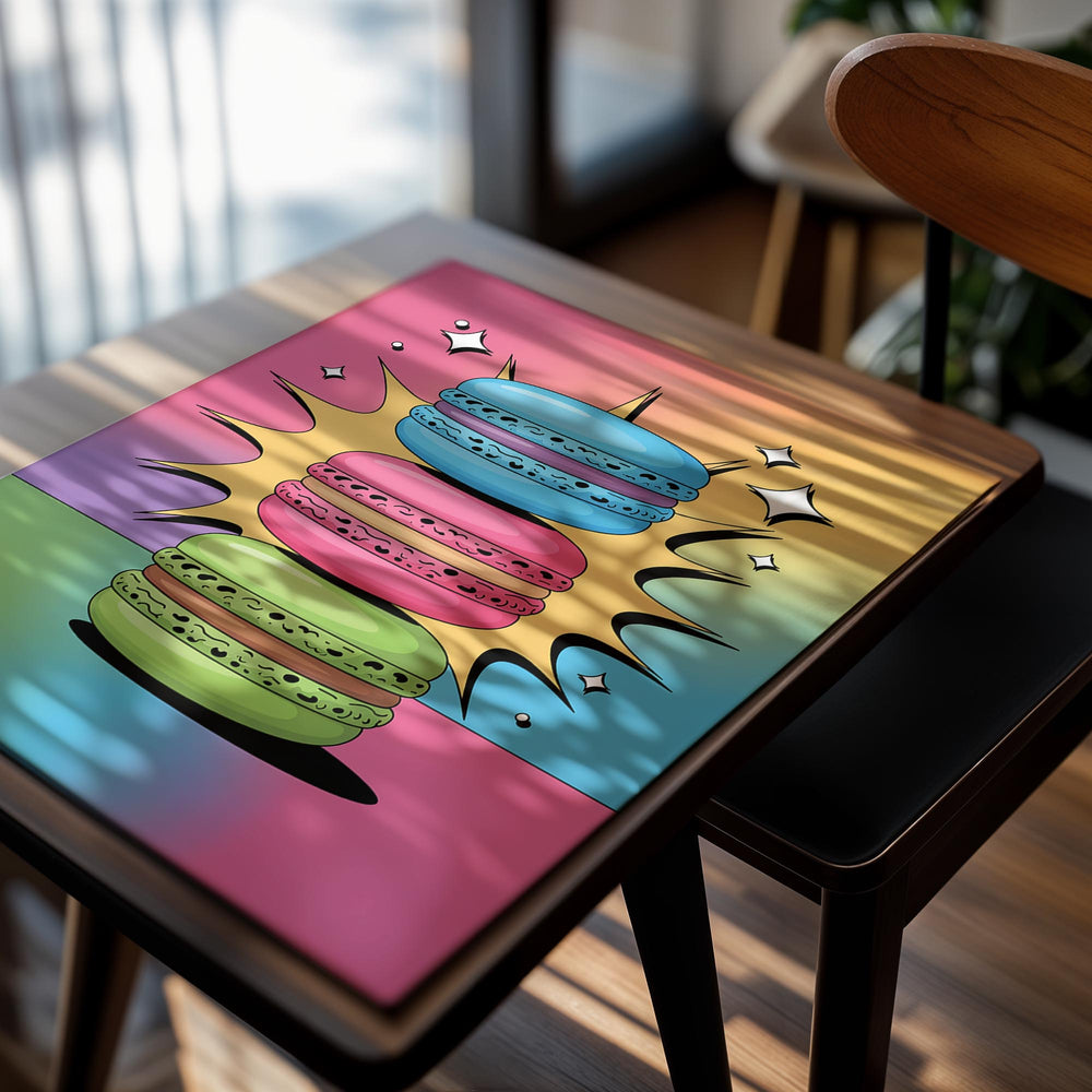 Colorful illustration of stacked macarons on a rainbow gradient background, as a premium aluminum metal print from GoMetalPrint.
